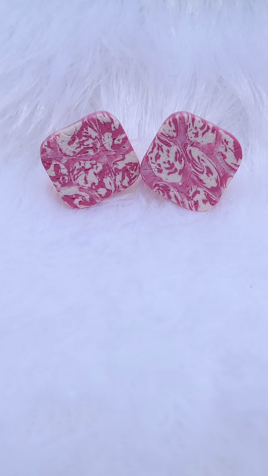 Pink Ecru Marble Studs - Square