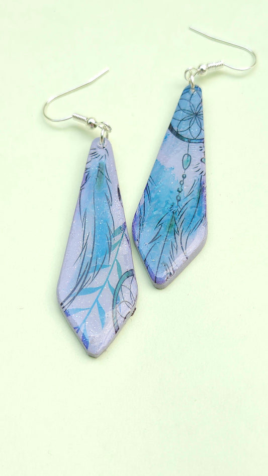Pair of blue and purple leaf-patterned earrings on a light green background
